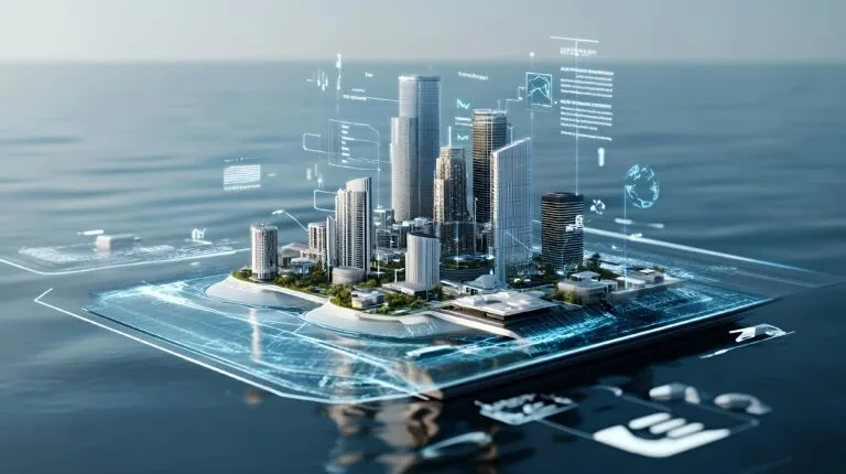 A futuristic city with digital data displayed over it, floating on a transparent surface in the middle of the ocean.
