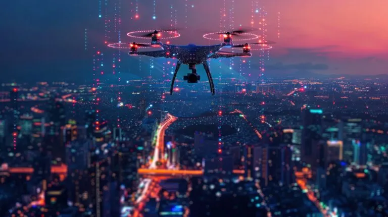 In the fading light of dusk, drones survey a sprawling cityscape veiled in mist, hinting at the intersection of technology and urban life.